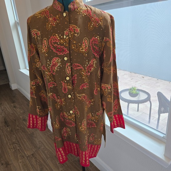 Diane Gilman Tops - Diane Gilman Tunic Women Large Brown Silk Paisley Sequin Long Blouse